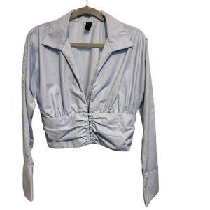 Cider Light Blue Long Sleeve V Neck Button Front Cropped Blouse